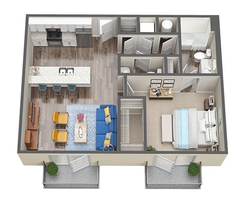 Floor plan for 1 bed, 1.5 baths, 717 sqft
